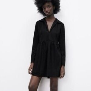 ZARA Black Mini Dress Collared Neckline Long Sleeve Size Medium